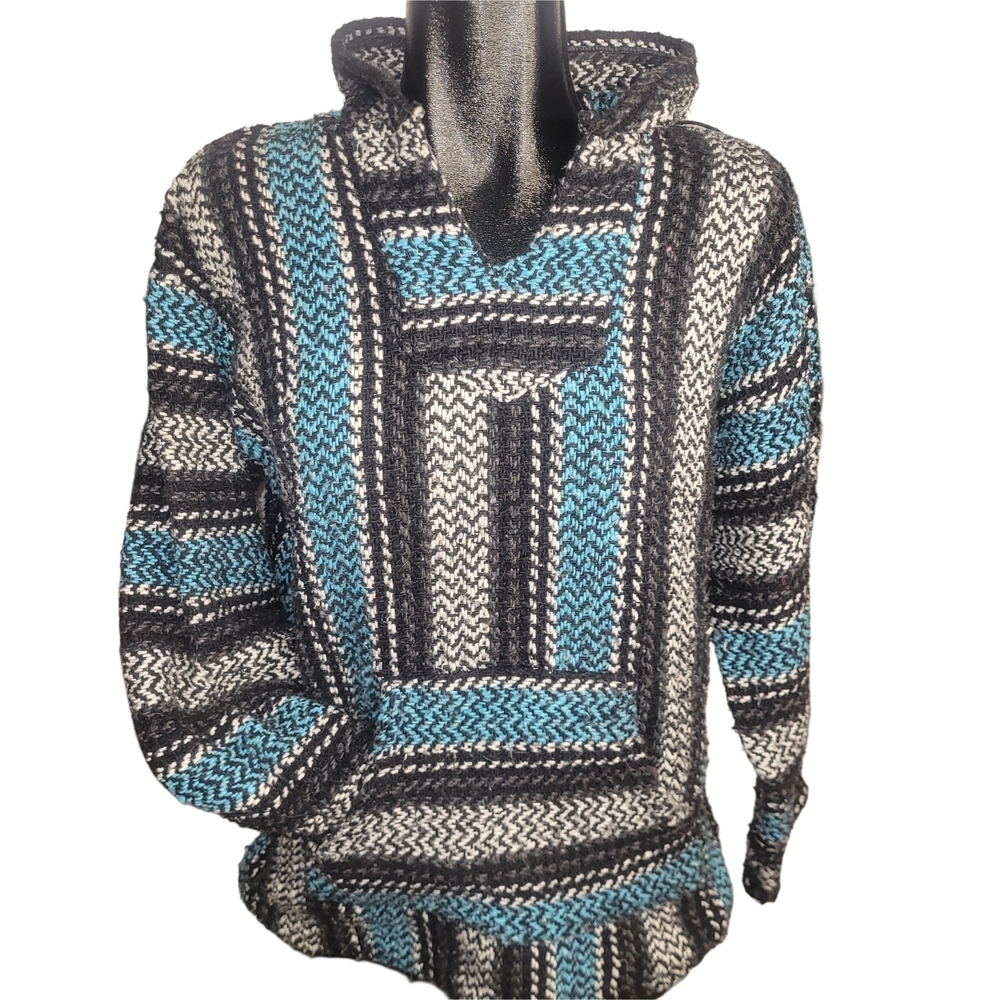 Baja Joe Black and Blue Striped Woven Pullover Hooded Mexican Poncho Sweater M